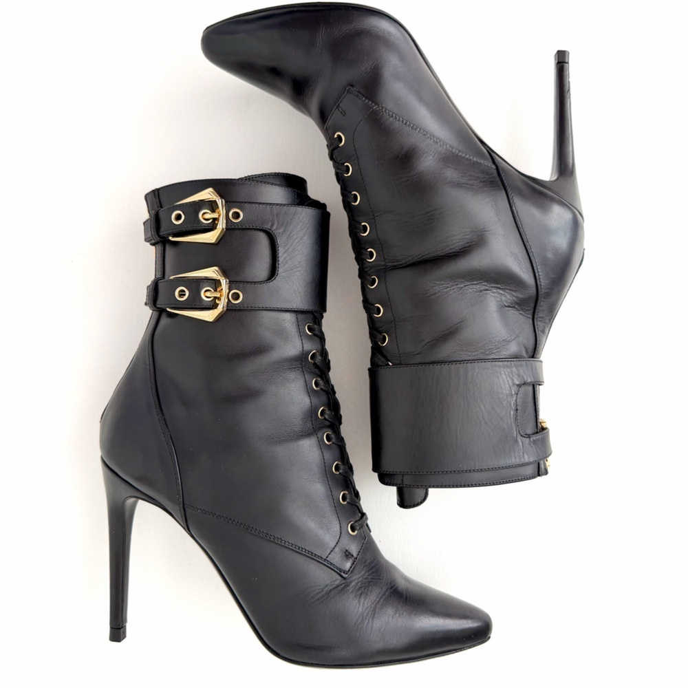BALMAIN || Nina Black Leather Buckle Lace Up Ankle Boots Stiletto Heels EU 38 - Picture 4 of 16